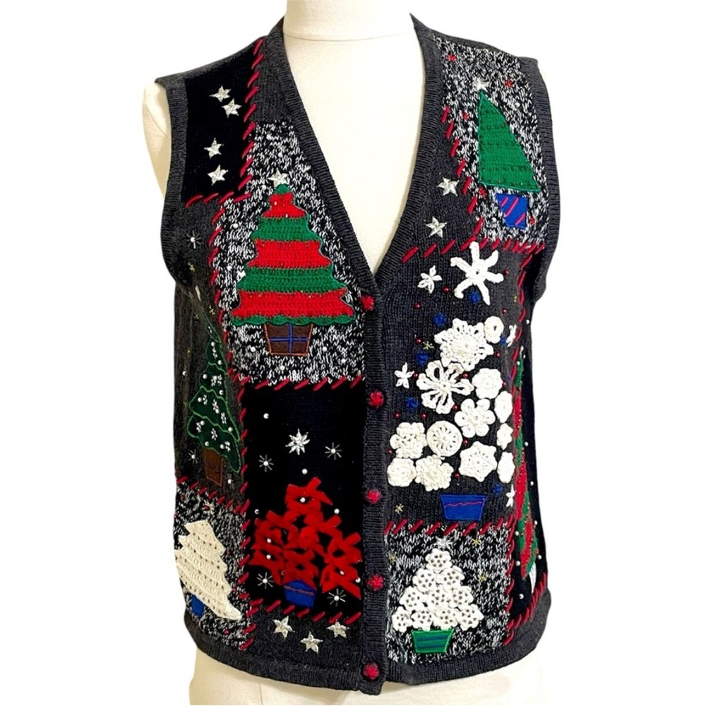 Vintage 80s Womens Christmas V-Neck Button Front Sweater Cardi Vest Black Petite